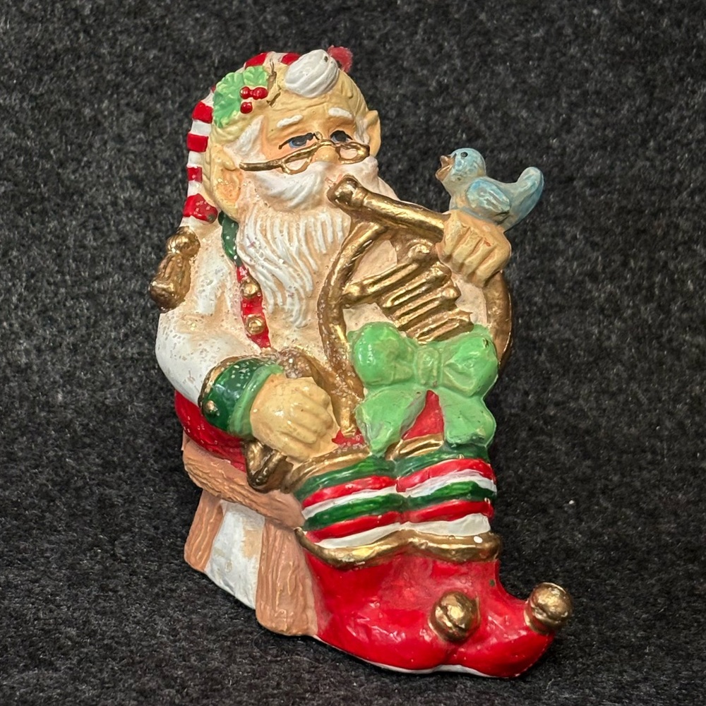 🎄Glittery and Colorful Santa Sitting with a French Horn Ornament 🎄